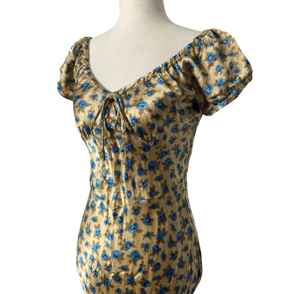 SOLD Vintage Betsey Johnson Satin Rose Print Milkmaid Midi Dress - Picture 5 of 12